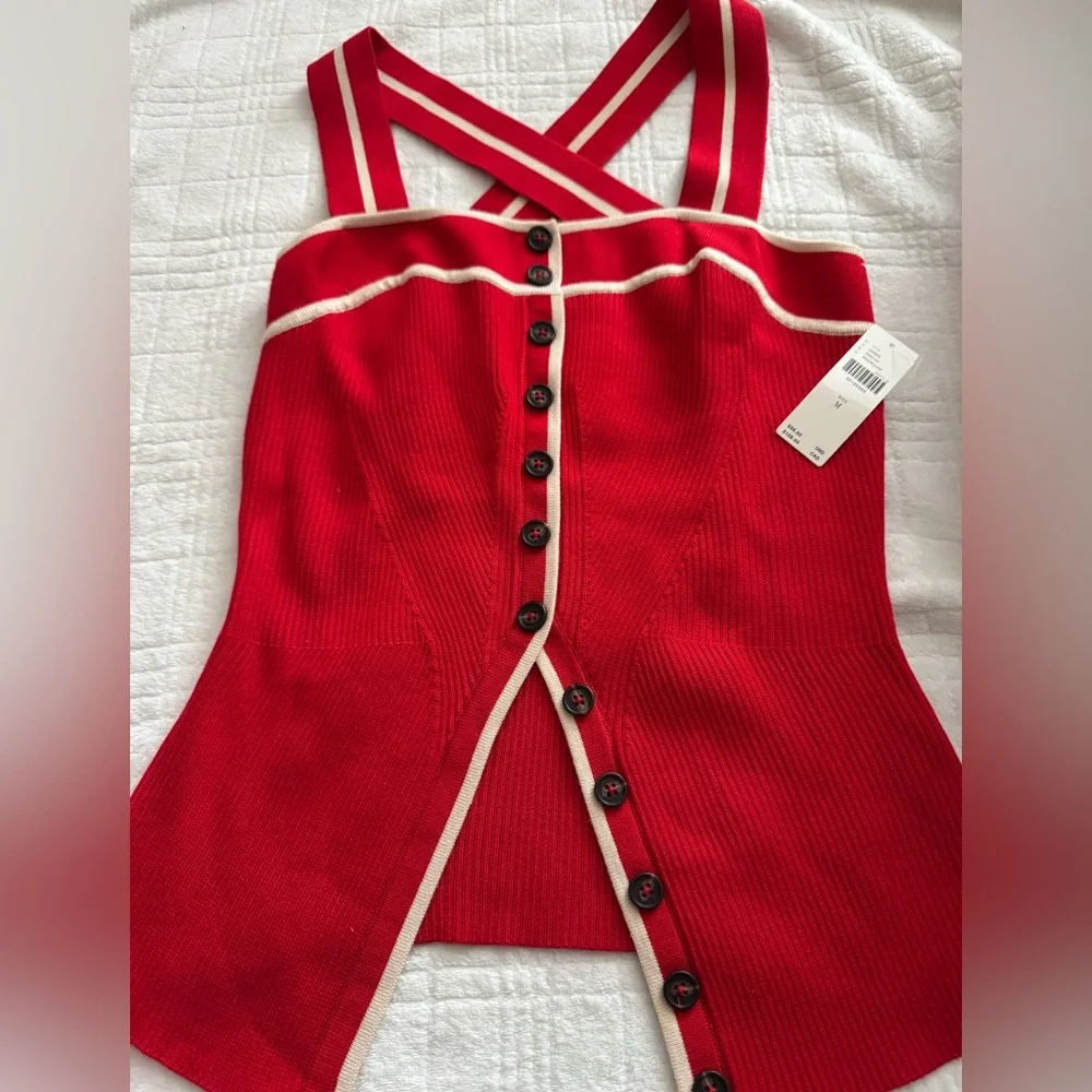 Anthropologie Red Button-Front Tank with White Trim - Picture 2 of 5